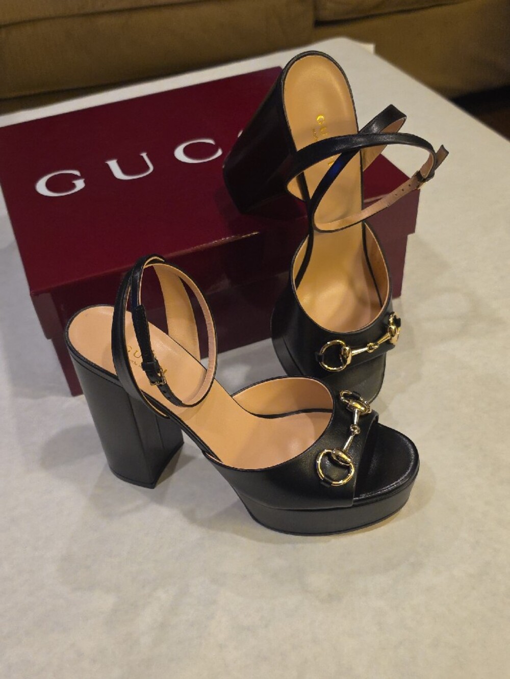 Gucci Black Leather Block Heel Sandals with Gold Horsebit